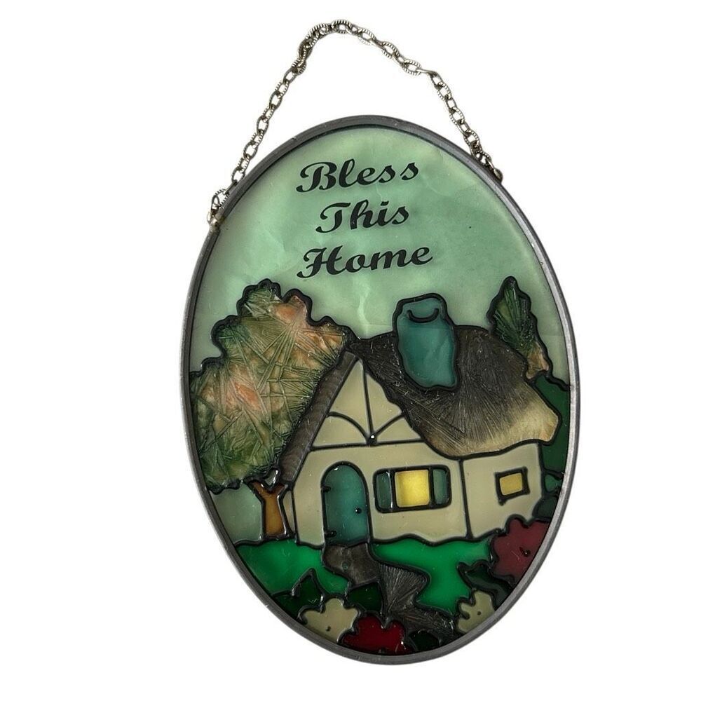 Bless This Home Stained Glass House Trees Walkway and Flowers Window Decor